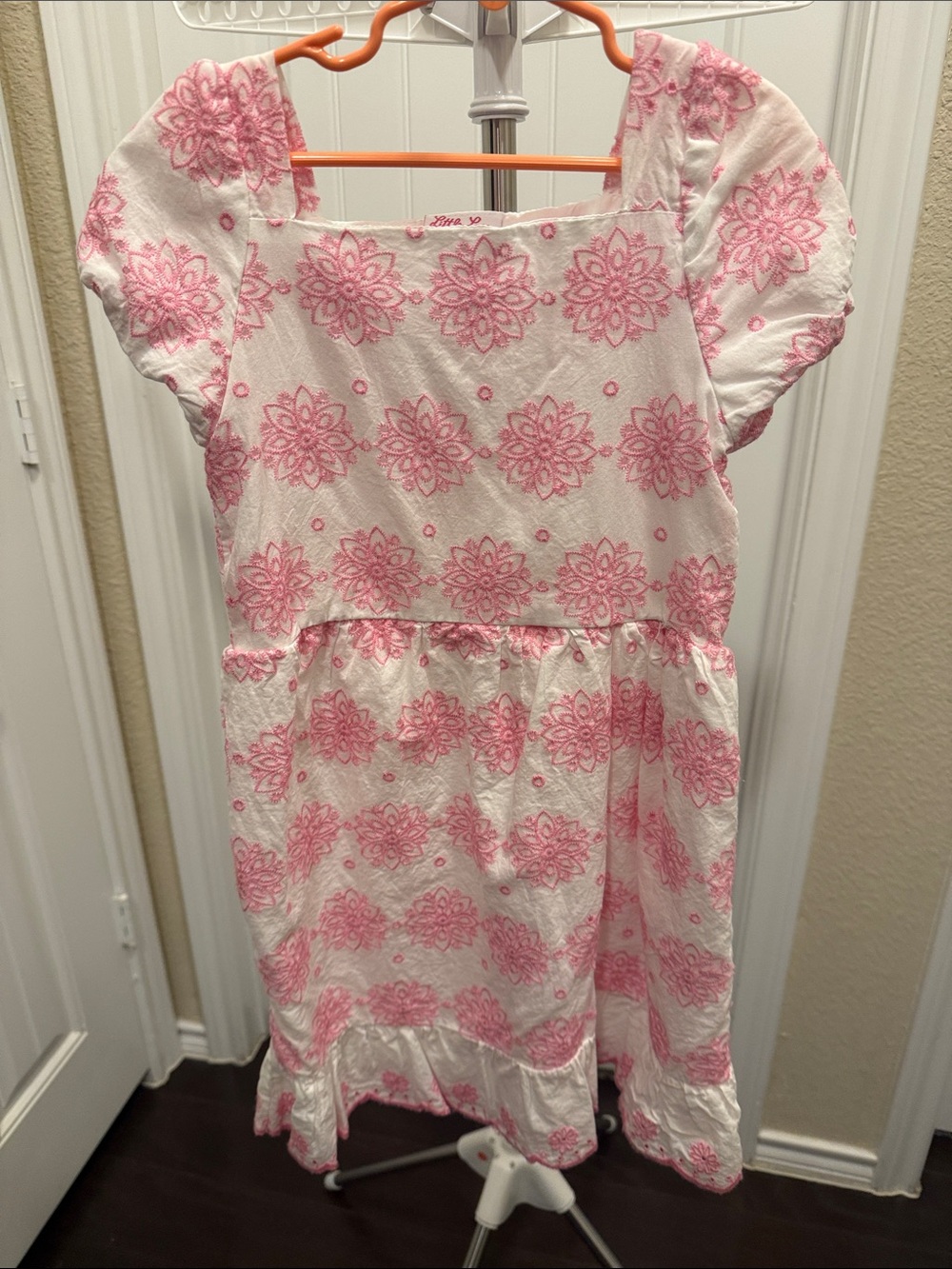 Little Lass Pink Floral Puff-Sleeve Embroidered Cotton Dress